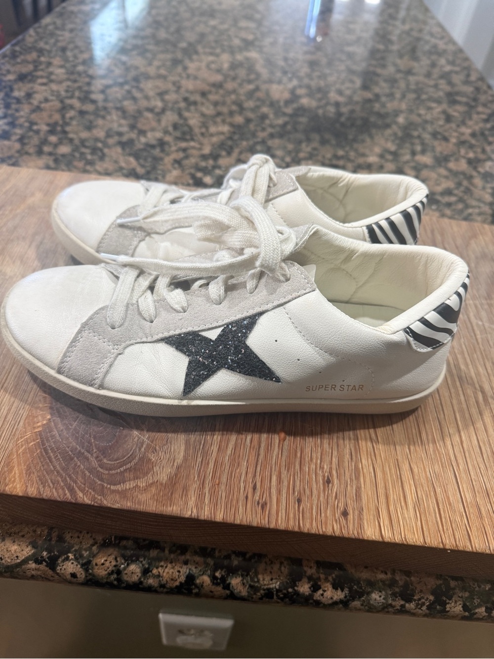 Women's White 'Super Star' Sneakers with Black Glitter Star